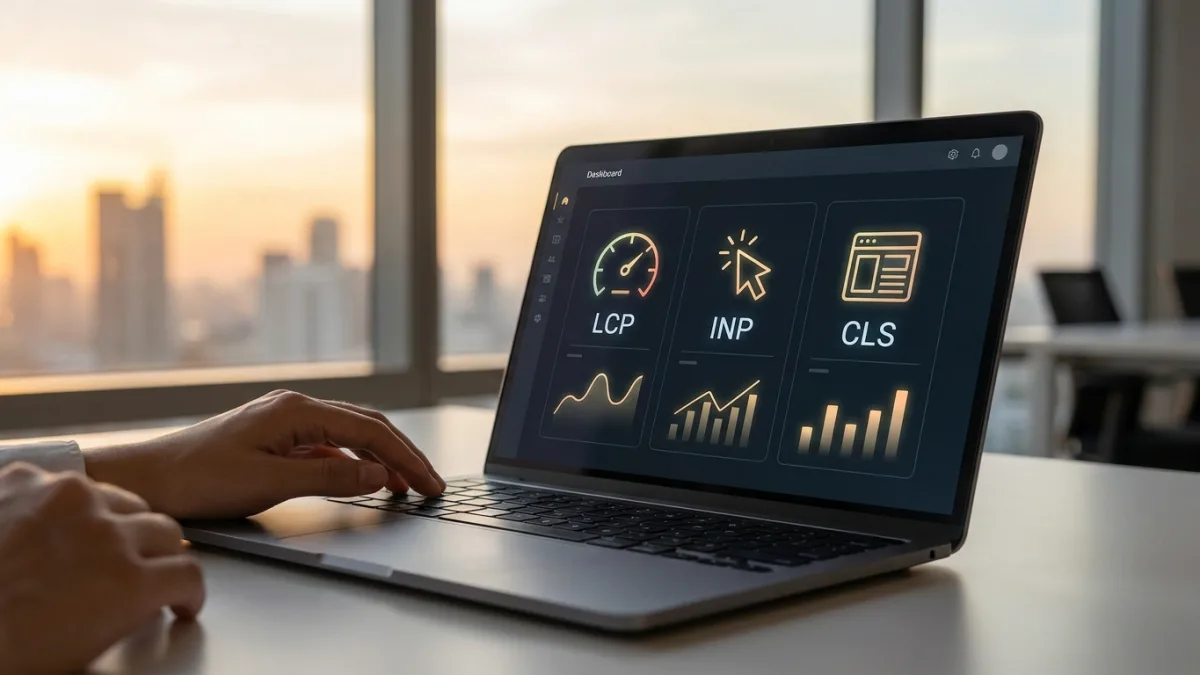 Drie prestatiescores van Google Core Web Vitals, namelijk LCP, INP en CLS, getoond op een dashboard.