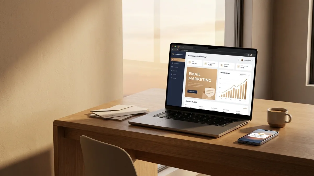 Een laptop met een WooCommerce dashboard en een e-mailcampagne die zorgt voor meer omzet in de webshop.