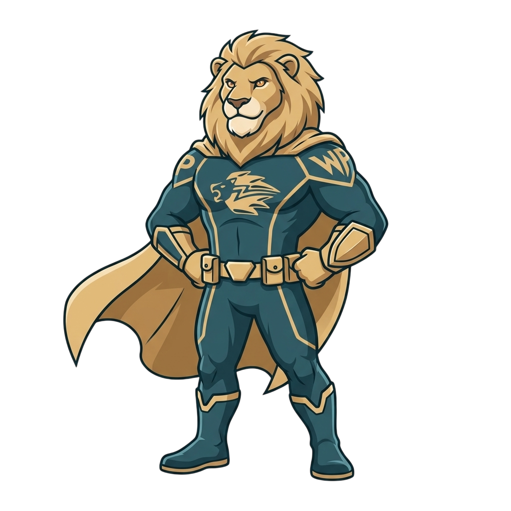 WP Lion - Leeuw mascotte die staat voor snelheid, veiligheid en stabiliteit