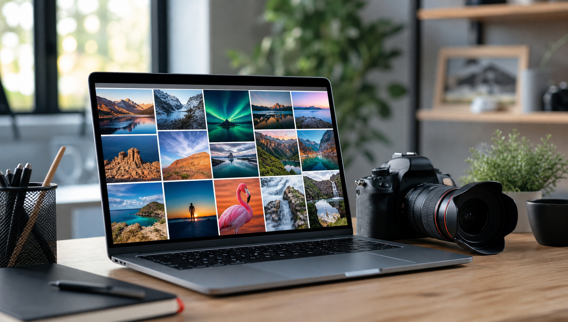 Laptop toont fotogalerij naast camera op een minimalistisch bureau bij natuurlijk licht