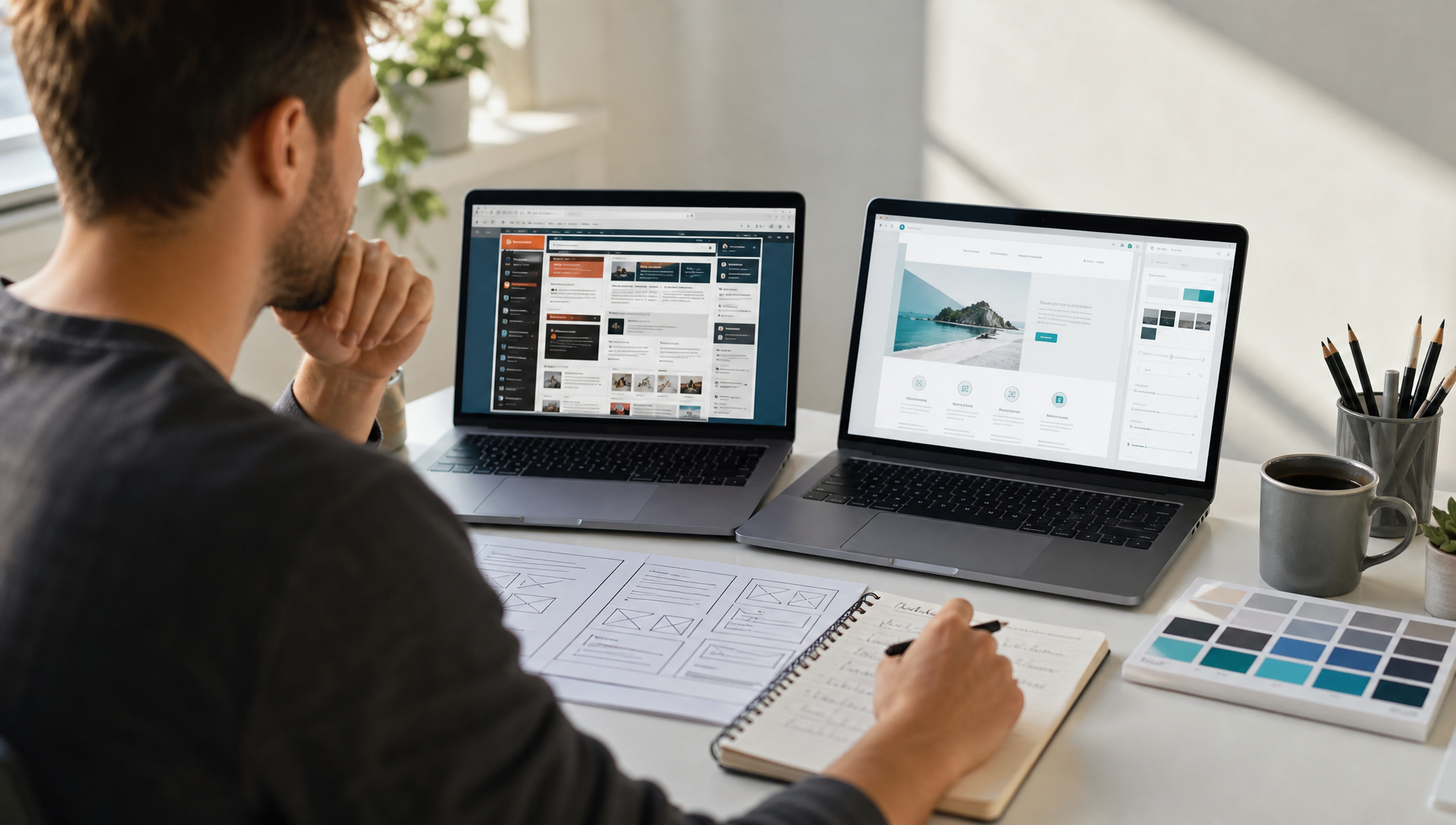 Webdesigner vergelijkt oude en vernieuwde websiteontwerpen op twee laptops