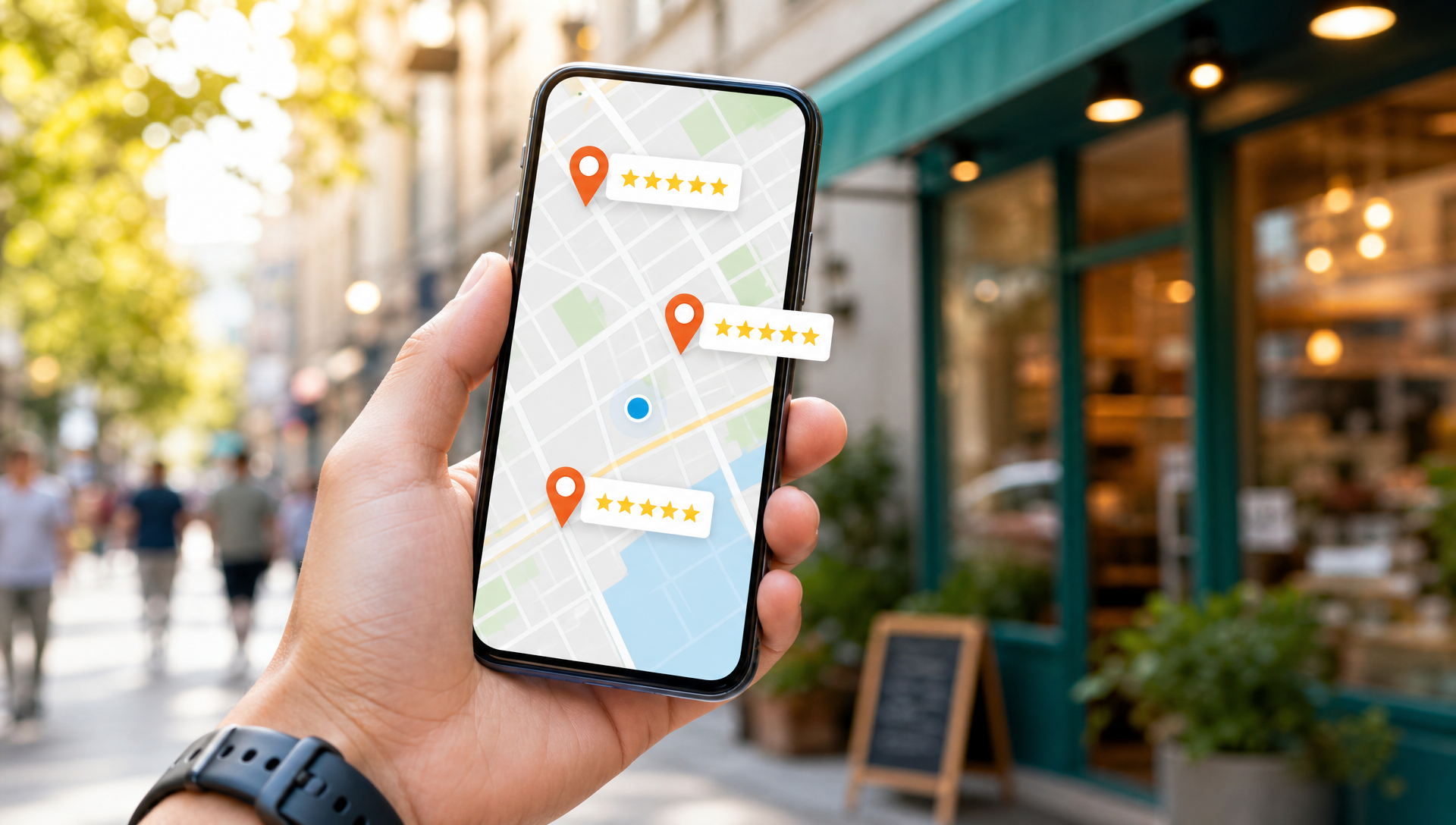 Smartphone toont kaart met lokale bedrijfslocaties en sterbeoordelingen in stadswijk