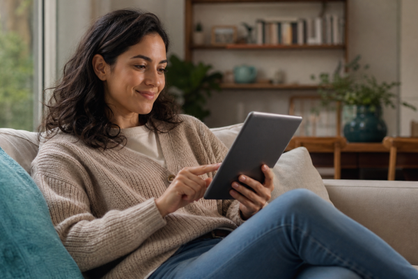 Vrouw doet vertrouwd een online aankoop op tablet in huiskamer