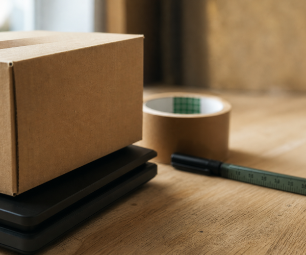 Verzendpakket op digitale weegschaal met pakketape en meetlint op verzendbureau