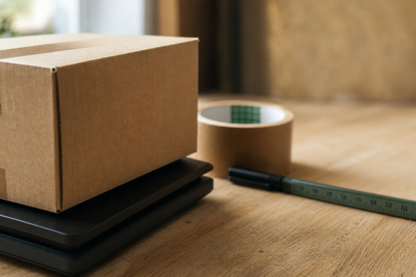 Verzendpakket op digitale weegschaal met pakketape en meetlint op verzendbureau