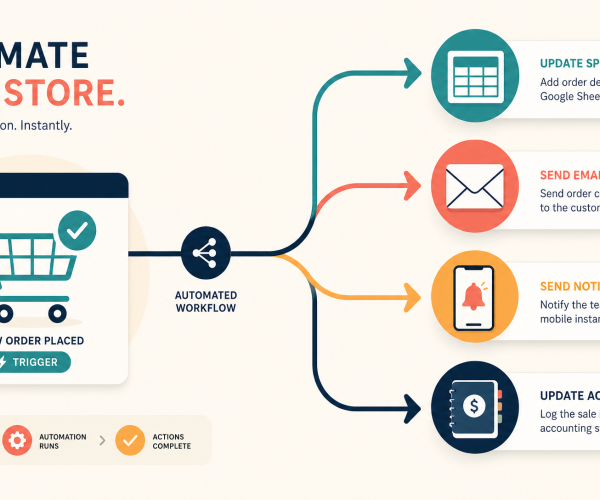 Illustratie van geautomatiseerde WooCommerce-workflow met winkelwagen, e-mail en meldingen