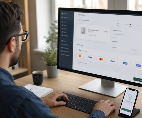 Ontwikkelaar configureert online betaalmethoden in webshop op groot beeldscherm