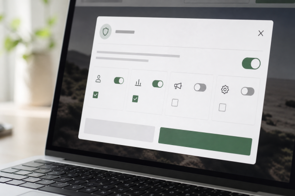 Cookie-toestemmingsbanner met privacy-schakelaars op een laptopscherm
