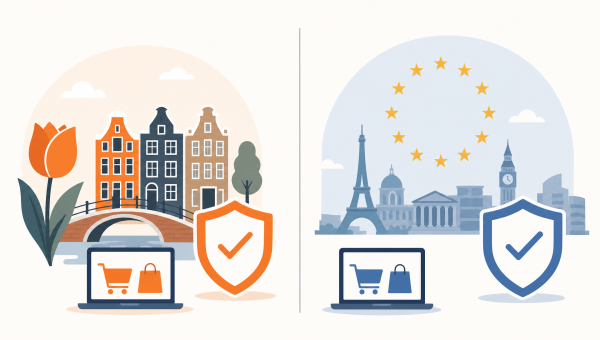 Illustratie vergelijkt Nederlandse en Europese webshop keurmerken met schildsymbolen voor vertrouwen