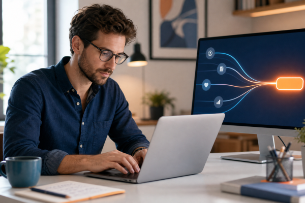 Copywriter aan bureau schrijft conversiegerichte tekst op laptop bij daglicht