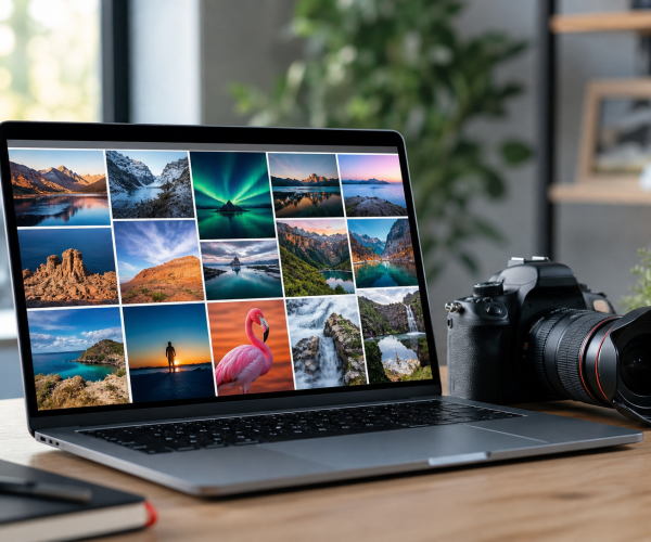 Laptop toont fotogalerij naast camera op een minimalistisch bureau bij natuurlijk licht