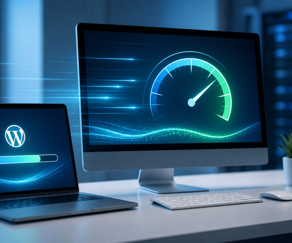 Laptop en monitor tonen snelheidsmeter voor het optimaliseren van een trage WordPress website
