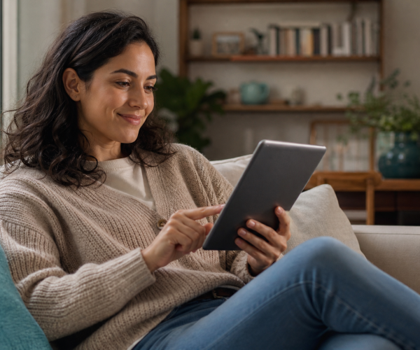 Vrouw doet vertrouwd een online aankoop op tablet in huiskamer