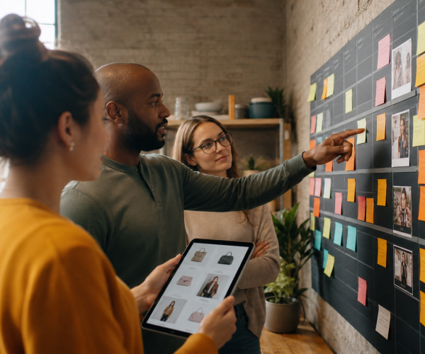 Team plant contentstrategie voor webshop op planbord met gekleurde memo's