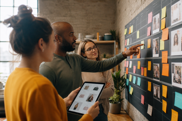 Team plant contentstrategie voor webshop op planbord met gekleurde memo's