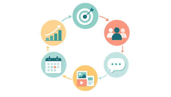 Infographic met zes stappen van een contentstrategie voor webshops in een cyclus