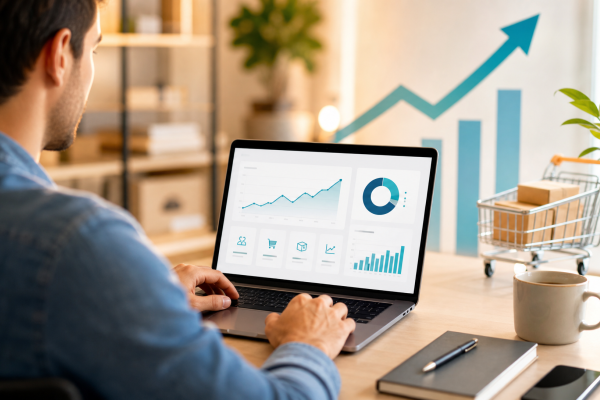 Persoon analyseert webshopdashboard met stijgende omzetgrafieken op laptop
