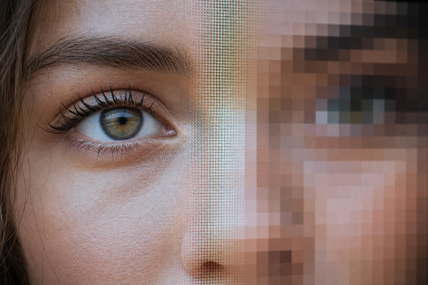 Foto op scherm met scherpe helft en pixelige, wazige helft
