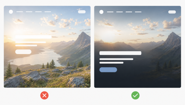 Vergelijking van twee headerfoto's: links onleesbare tekst, rechts leesbare tekst met donkere overlay