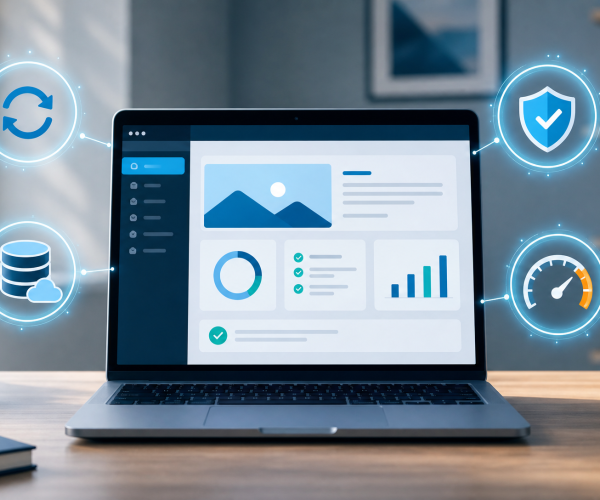 Laptop met dashboard en iconen voor updates, back-ups en beveiliging
