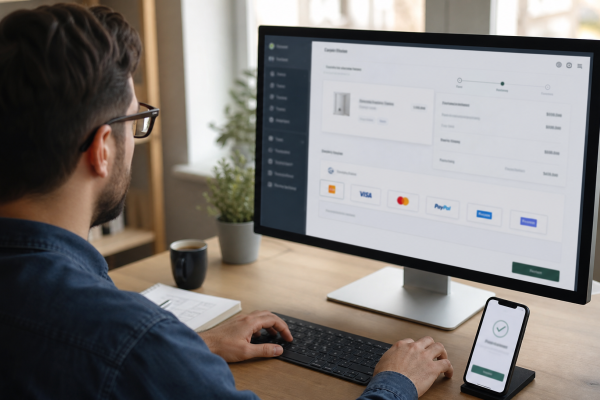 Ontwikkelaar configureert online betaalmethoden in webshop op groot beeldscherm