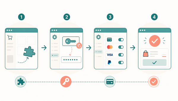 Infographic met vier stappen om een betaalprovider aan een webshop te koppelen