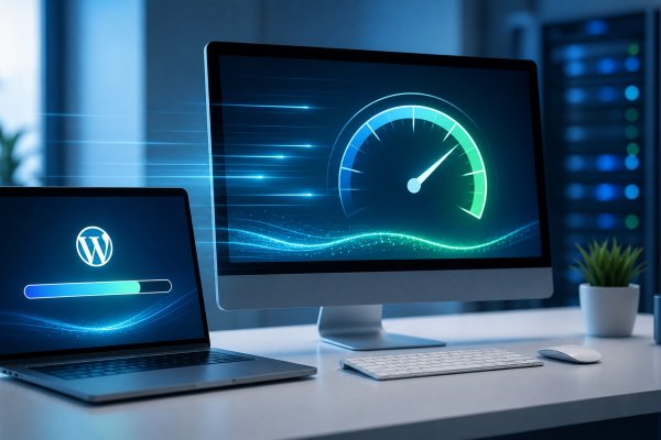 Laptop en monitor tonen snelheidsmeter voor het optimaliseren van een trage WordPress website