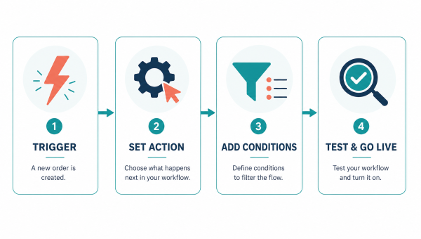 Infographic met vier stappen voor het opzetten van een WooCommerce automatiseringsworkflow