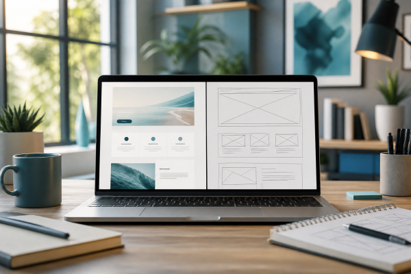 Bureau met laptop en wireframeschets als keuze tussen website verbeteren of opnieuw bouwen