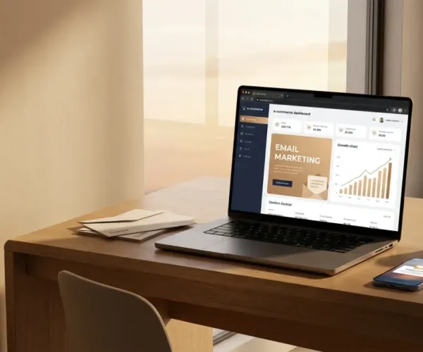 Een laptop met een WooCommerce dashboard en een e-mailcampagne die zorgt voor meer omzet in de webshop.