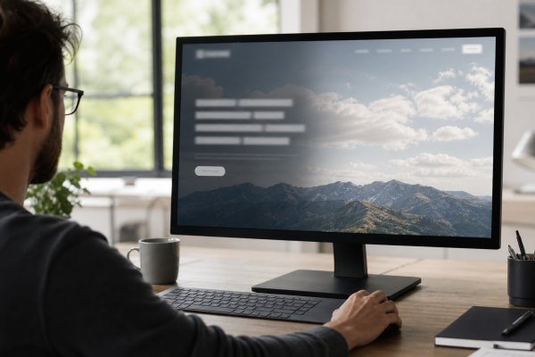 Webdesigner past donkere overlay toe zodat headertekst leesbaar wordt op hero-afbeelding