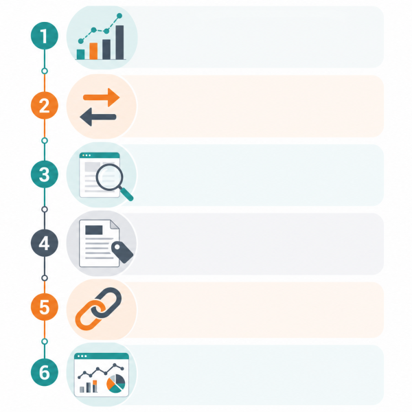 Verticale infographic met zes stappen om SEO na webshopmigratie te herstellen