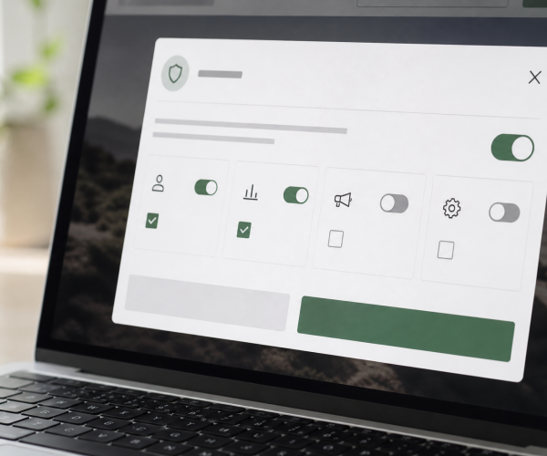 Cookie-toestemmingsbanner met privacy-schakelaars op een laptopscherm
