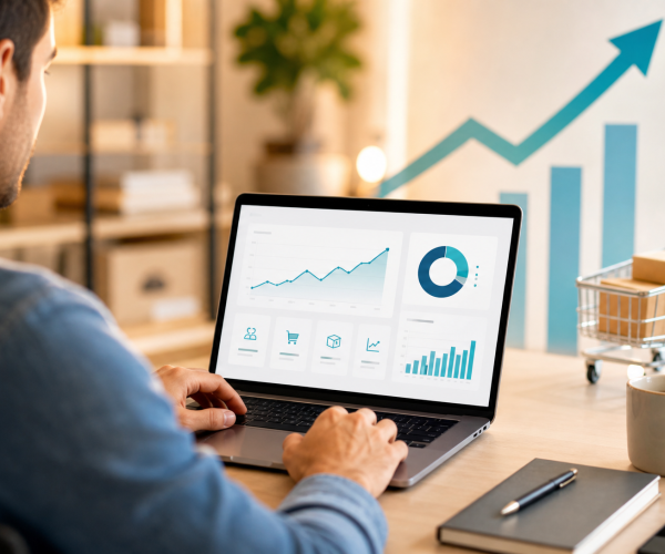 Persoon analyseert webshopdashboard met stijgende omzetgrafieken op laptop