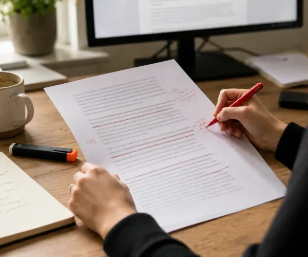 Redacteur bewerkt AI-gegenereerde tekst met rode pen op papier