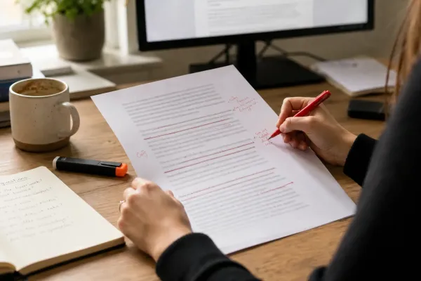 Redacteur bewerkt AI-gegenereerde tekst met rode pen op papier