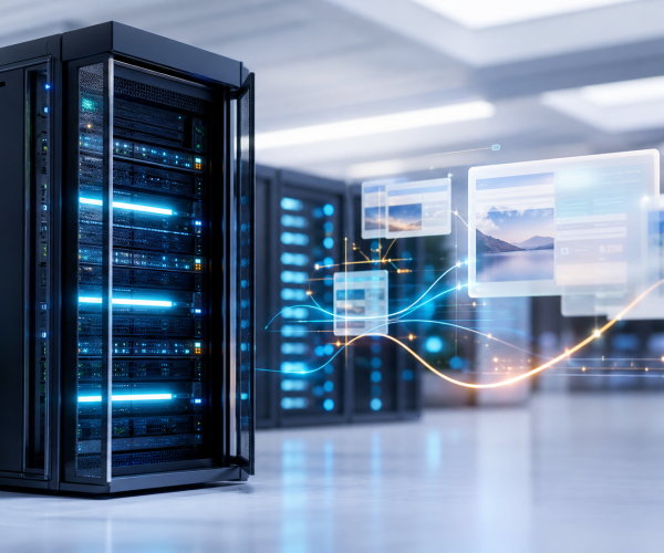 Moderne serverrack met blauwe lichten in een strak datacenter