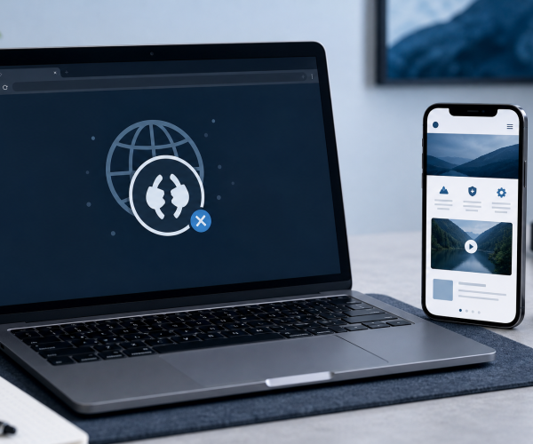 Laptop toont foutmelding van onbereikbare WordPress-website op een bureau