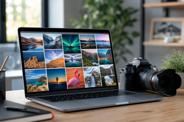 Laptop toont fotogalerij naast camera op een minimalistisch bureau bij natuurlijk licht