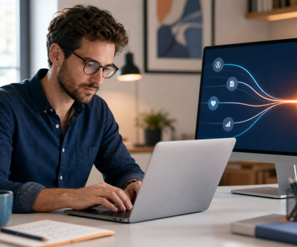 Copywriter aan bureau schrijft conversiegerichte tekst op laptop bij daglicht