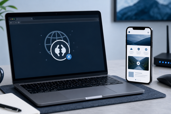 Laptop toont foutmelding van onbereikbare WordPress-website op een bureau