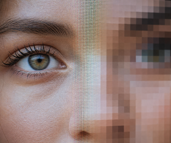 Foto op scherm met scherpe helft en pixelige, wazige helft