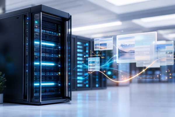 Moderne serverrack met blauwe lichten in een strak datacenter