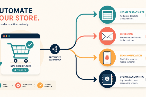 Illustratie van geautomatiseerde WooCommerce-workflow met winkelwagen, e-mail en meldingen