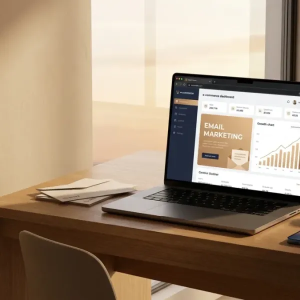 Een laptop met een WooCommerce dashboard en een e-mailcampagne die zorgt voor meer omzet in de webshop.