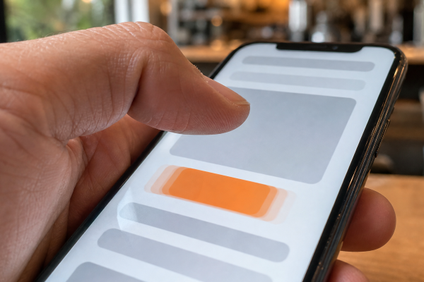 Duim boven smartphonescherm waarop een knop verspringt door layout shift
