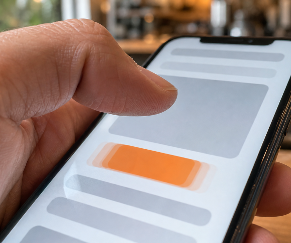 Duim boven smartphonescherm waarop een knop verspringt door layout shift
