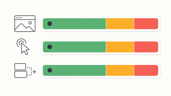Infographic met drie Core Web Vitals-meters in groene, oranje en rode zones