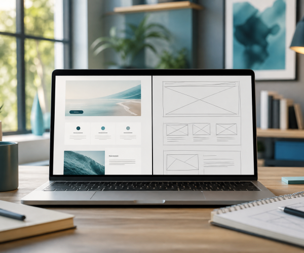 Bureau met laptop en wireframeschets als keuze tussen website verbeteren of opnieuw bouwen