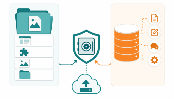 Infographic van WordPress back-up met bestanden, database en schild voor volledige bescherming